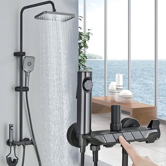 Matte Grey Exposed Shower System Set Rainfall Shower Faucet Fixtures Wall Mount
