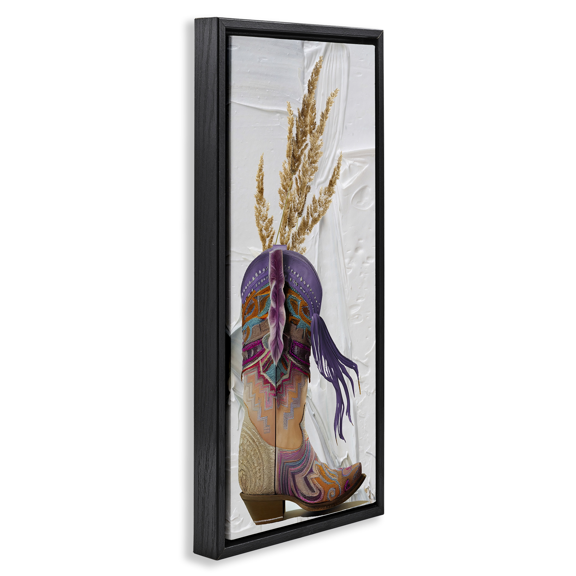 Stupell Industries Cowboy Boot & Wheat Botanical & Floral Painting Black Floater Framed Canvas Art Print Wall Art, 11 x 25