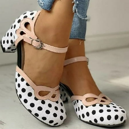 

Women s Polka Dot Beach Thick Round Toe High Heel Buckle Hollow Shoes