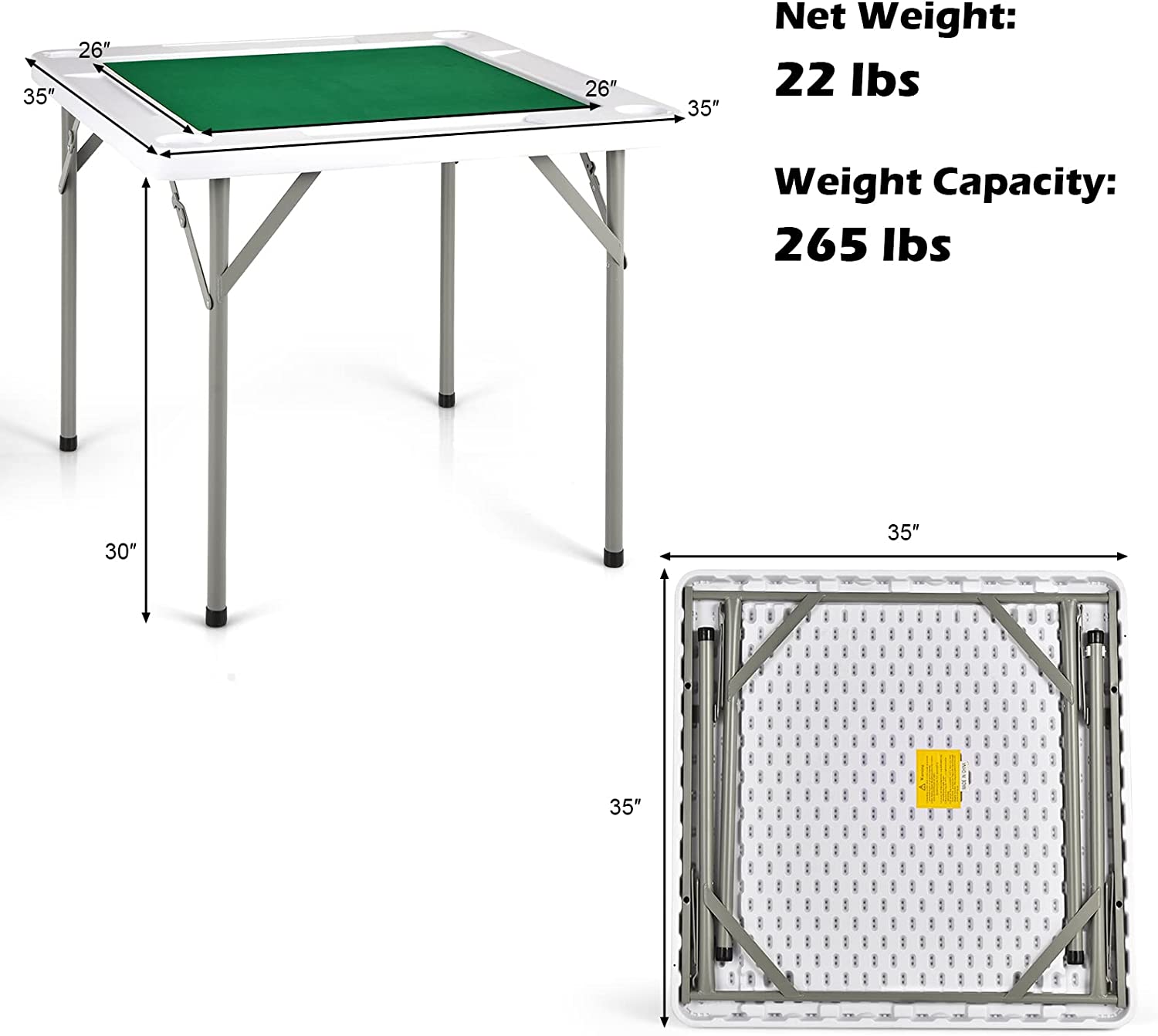 Gotoplay Mahjong Table, Folding Mahjong Table w/Green PVC Tabletop, 4 Cup Holders & 4 Chip Trays, 35 Square 4-Player Folding Card Game Table for Mahjong Poker Domino Game