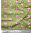 thumbnail image 1 of Soimoi Green Poly Georgette Fabric Pink Flower & Check Decor Fabric Printed BTY 52 Inch Wide, 1 of 5