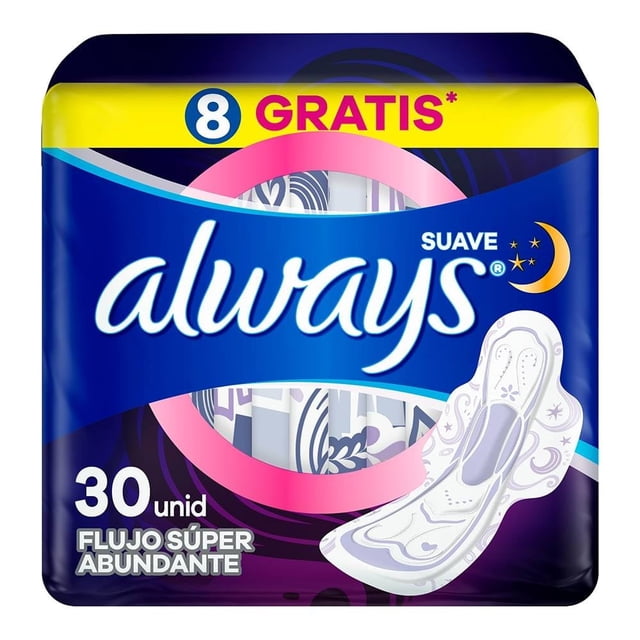toallas femeninas always nocturnas suave extra larga 30 pzas Paquete frontal con logo Always en azul; texto "30 unid" y "flujo súper abundante", banda amarilla superior con "8 gratis"; ilustración de una toalla extra larga con canales anatómicos visibles y un ícono de luna para uso nocturno.