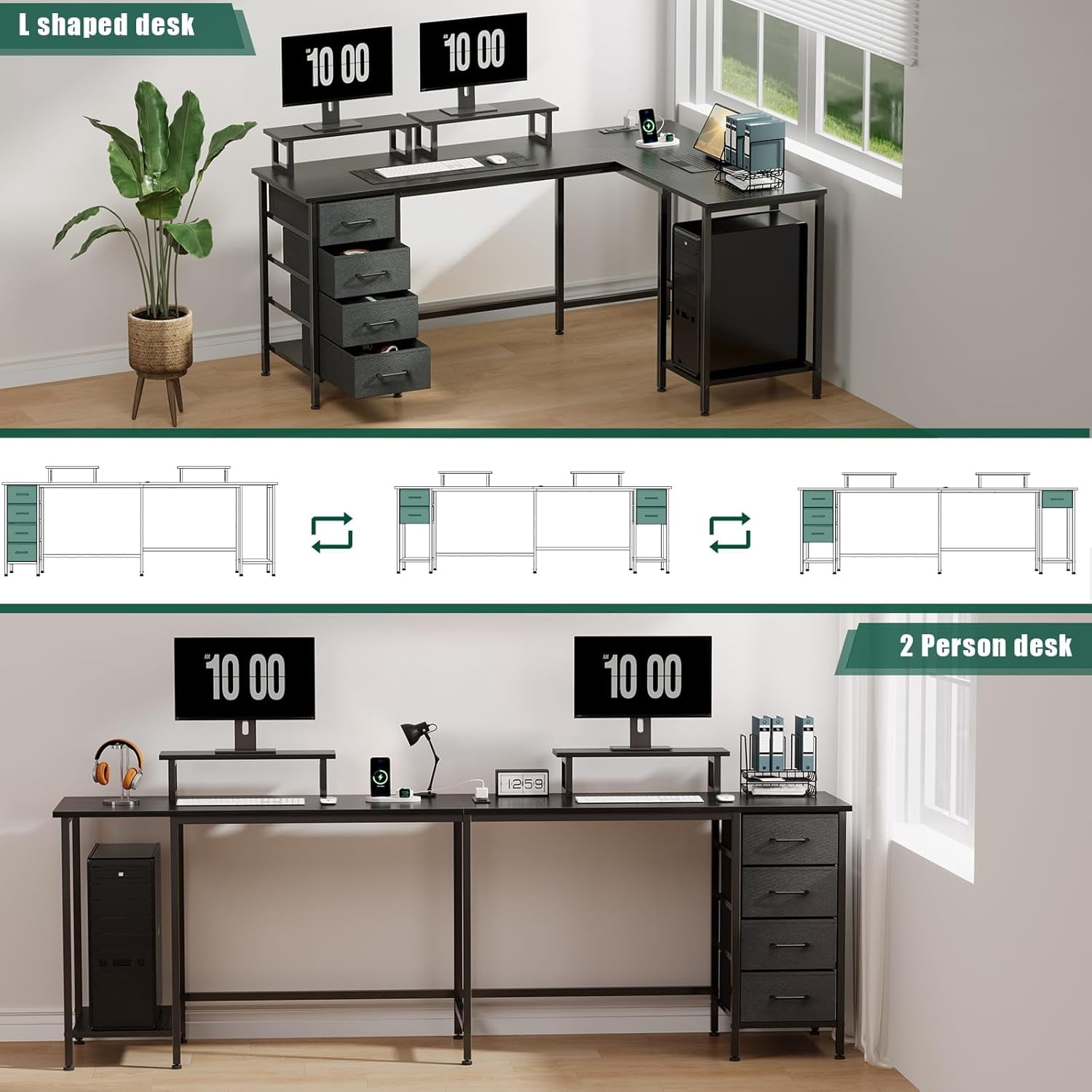 FeGeMax 59 inch L Shaped Computer Desk with Power Outlets, Home Office Desk with 4 Adjustable Storage Drawers & 2 Monitor Stands, Two Person Gaming Table for Bedroom, Black