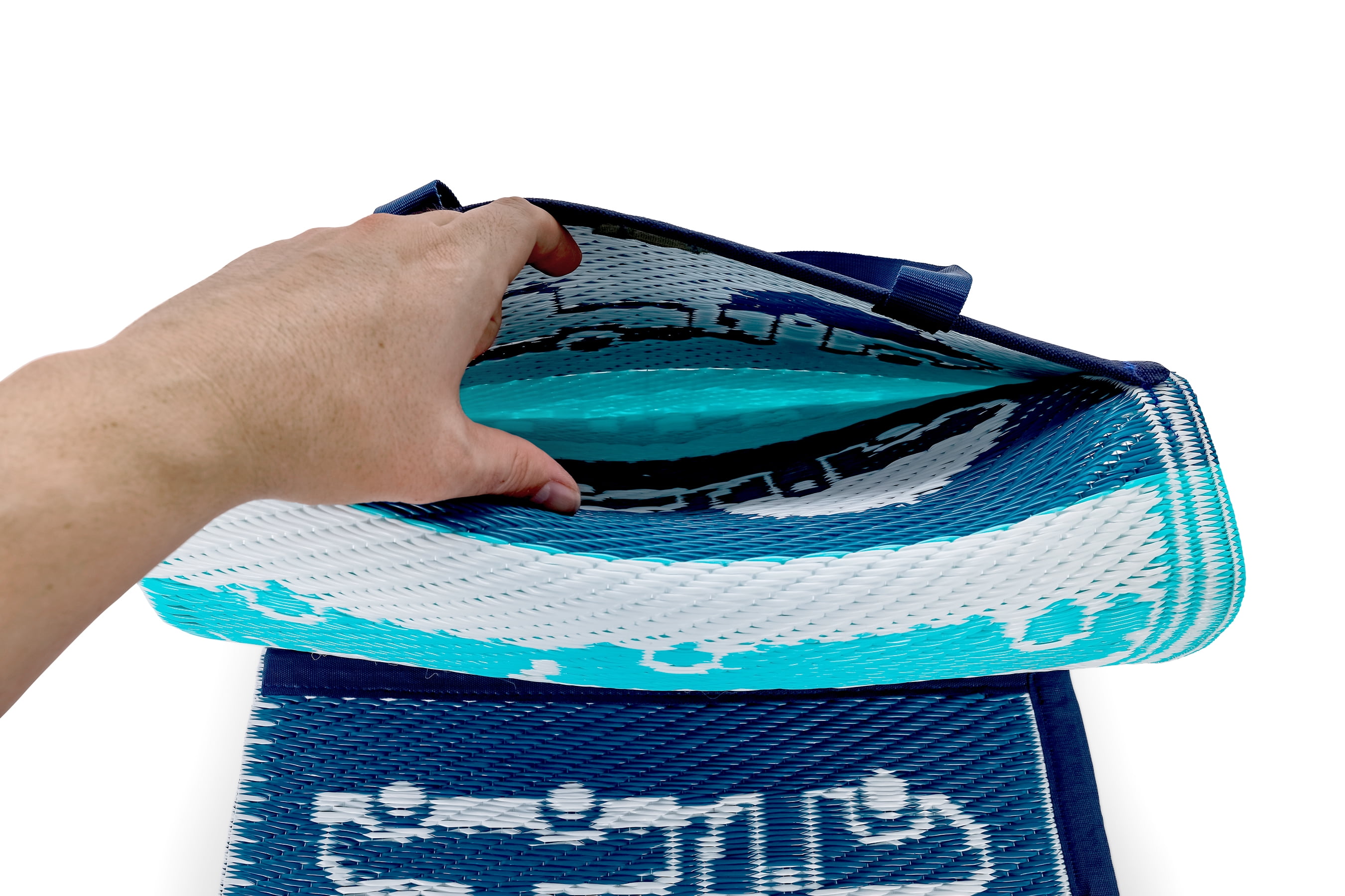 Camco Life is Better at The Campsite Handy Mat with Strap | 60"x 78" | Blue Reversible RV Pattern (53266)