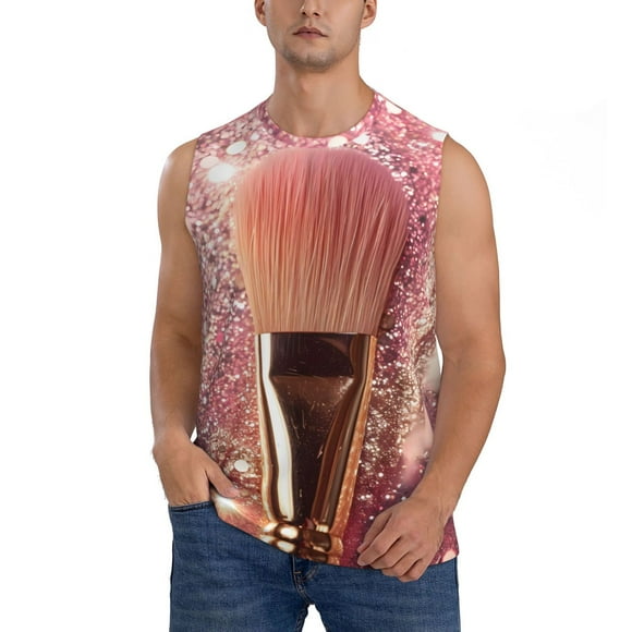 Fotbe Makeup Brush on Pink Glitter Men's Camiseta sin Mangas Estampada para Hombres, Playera Casual para Gimnasio, Entrenamiento, Playa-Medium