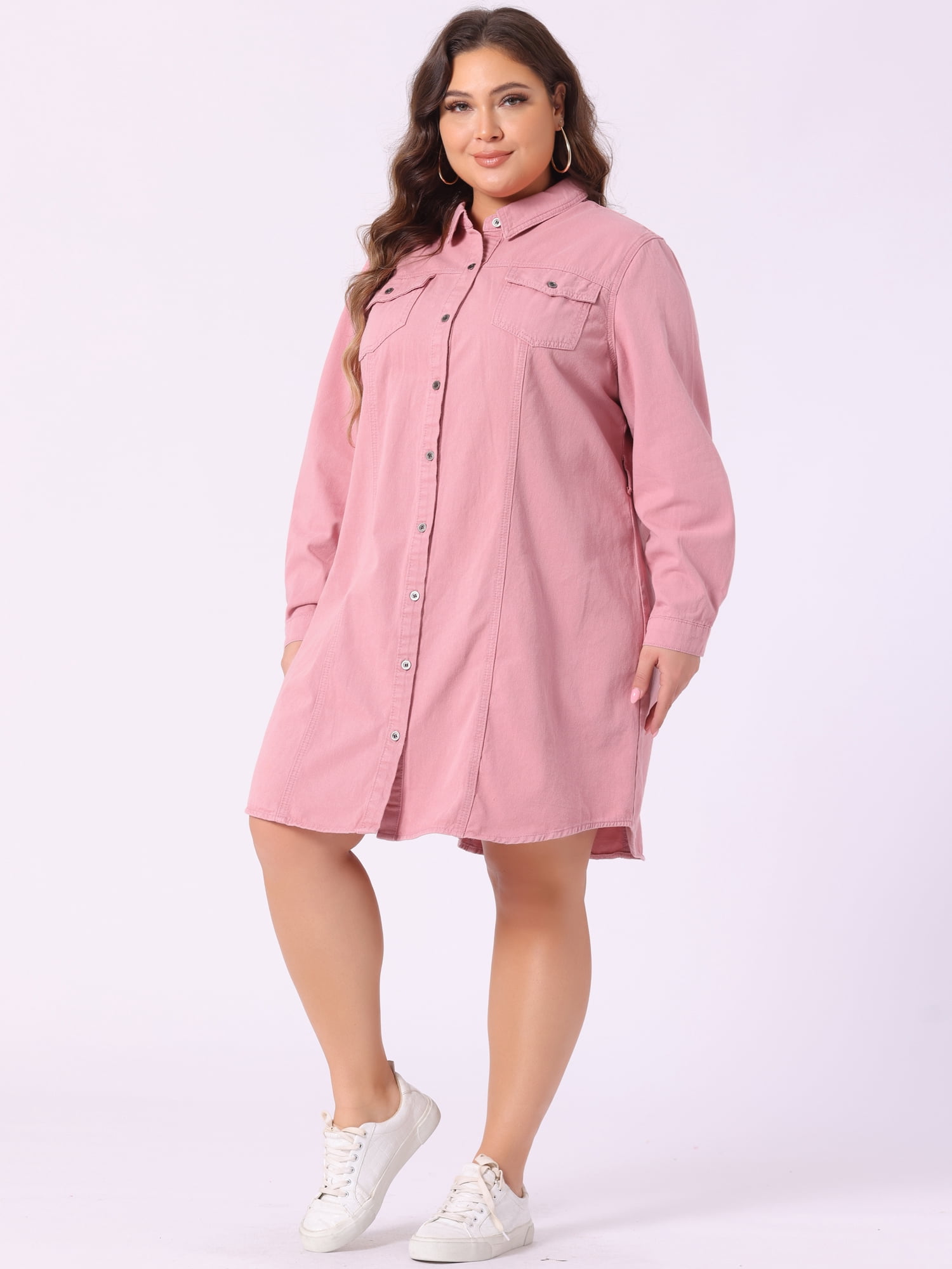 DARING DIVA Plus Size Long Sleeve Belted Above Knee Denim Shirt Dress 2X Pink