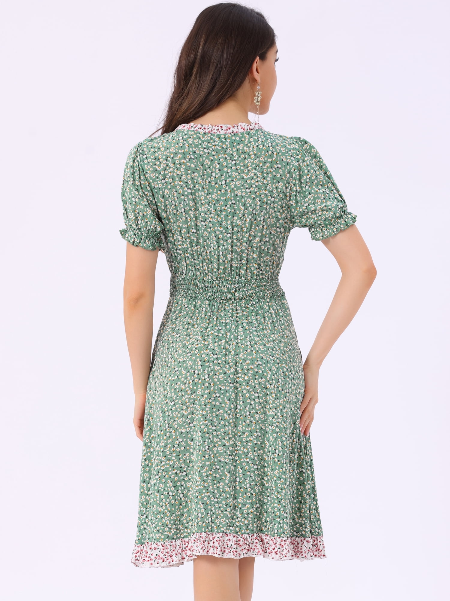 DARING DIVA Floral Ruffle Neck Smocked Waist Dress M Light Green