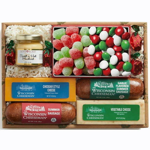 The Wisconsin Cheeseman 7-Piece Terrific Treats Assortment – Summer Sausage Meats and Cheeses Gift Basket