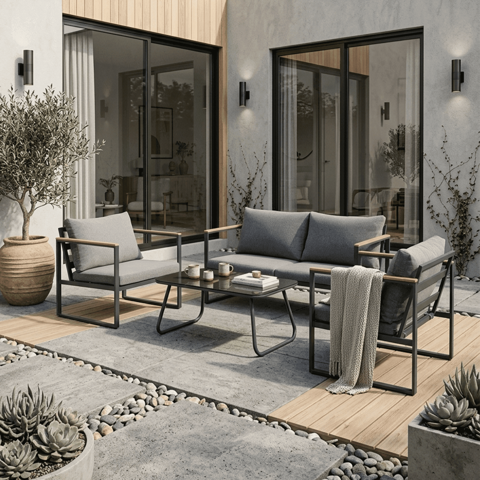 Decksplore 4-Piece Patio Furniture Set, Tool-Free Assembly with Zinc Steel Frame, Water-Resistant Cushions & Glass Table, All-Weather Sofa for Backyard Balcony Porch, Gray
