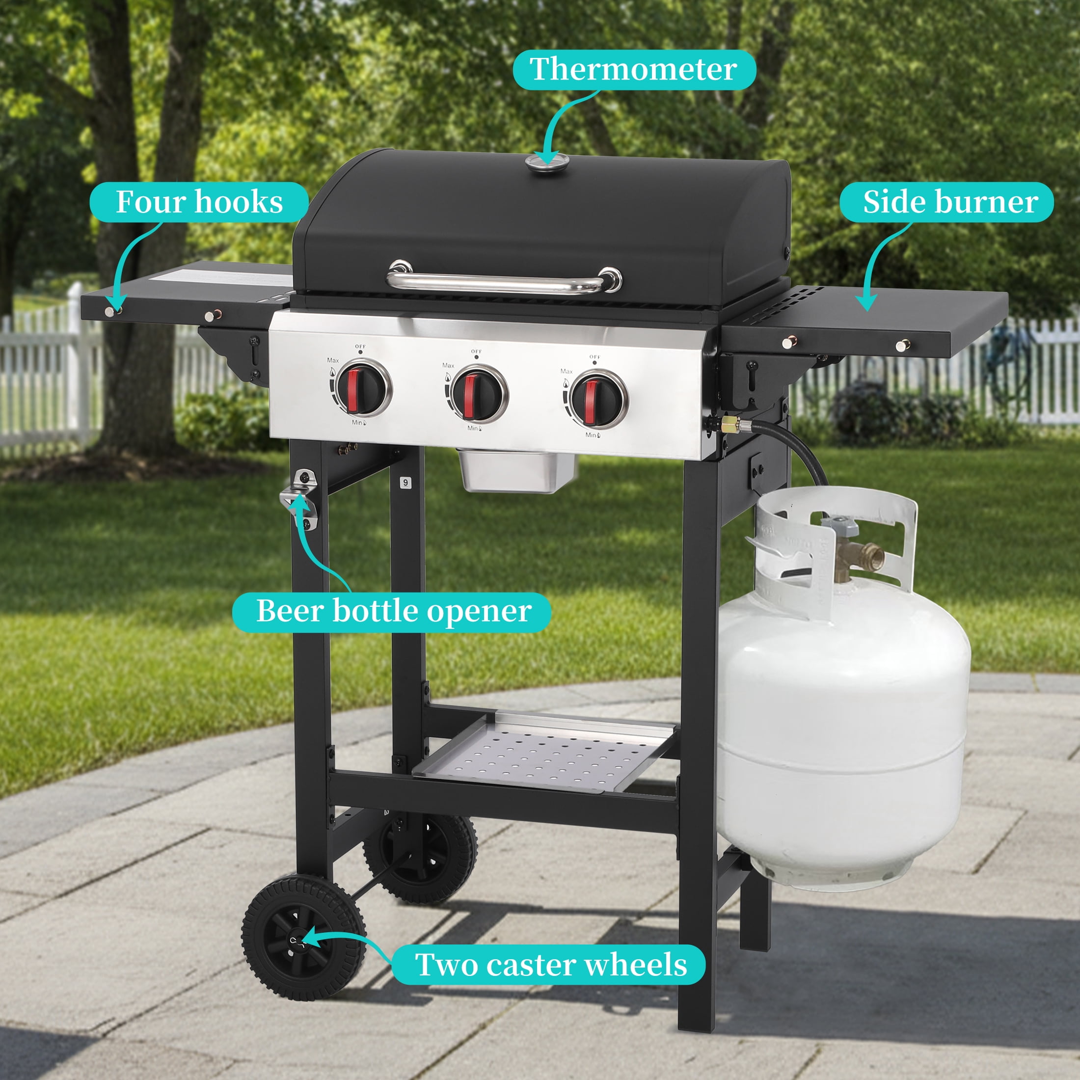 Garden It 3-Burner Propane Gas Grill, 30,000 BTU Portable BBQ with Foldable Side Table, Cast Iron Grates & Regulator for Outdoor Camping Backyard