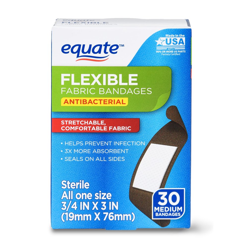 Equate Antibacterial Flexible Fabric Bandages, Medium, 30 count