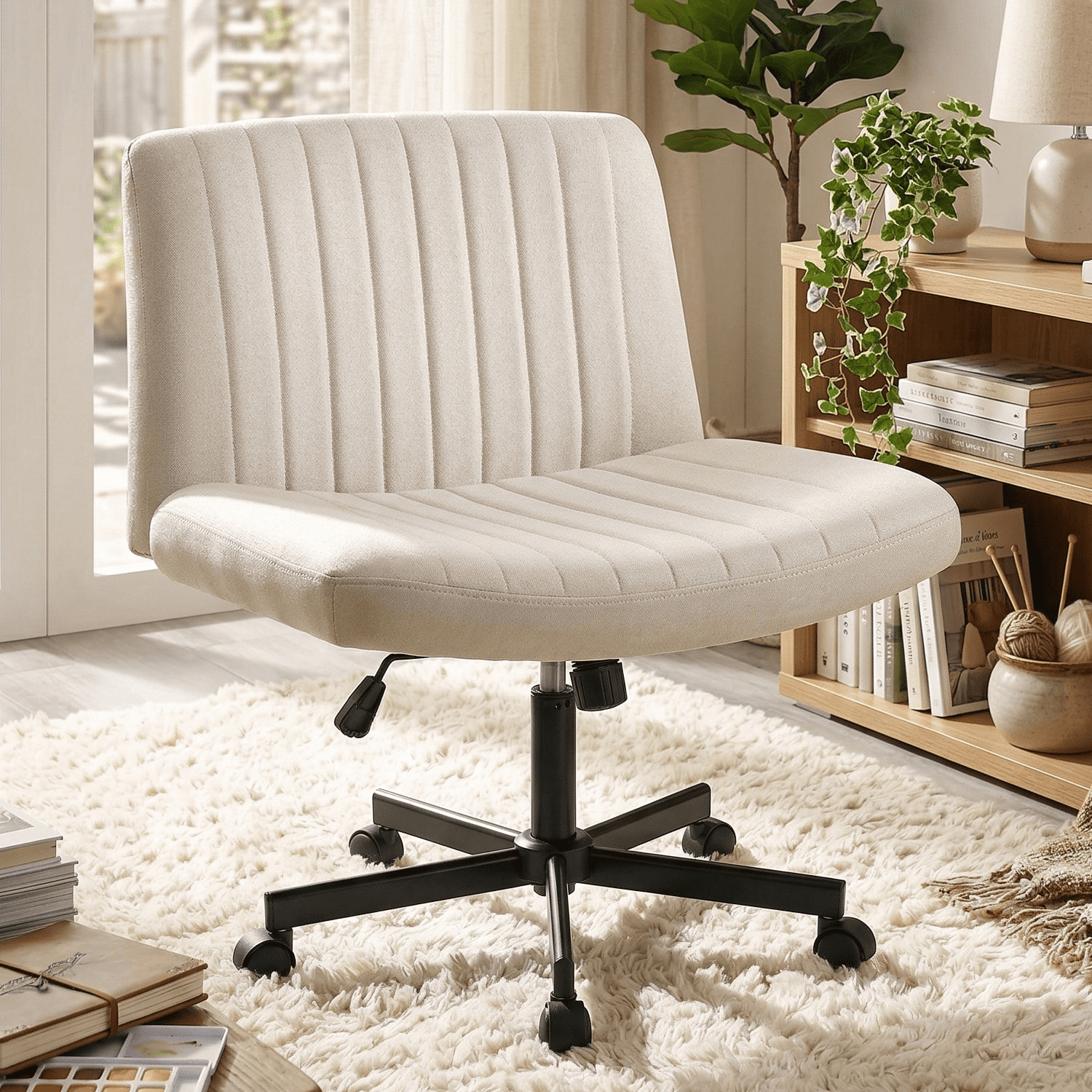 Waleaf Armless Office Chair with Wheels, Criss Cross Desk Chair, Wide Seat Adult Vanity Chair,Beige