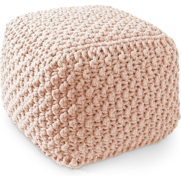 HLL Square Pouf Ottoman, Light Pink 18.5" W x 18.5" D x 14.5" H Cotton Knit Foot Stool - Boho Floor Pouffe for Living Room, Bedroom, Home Office