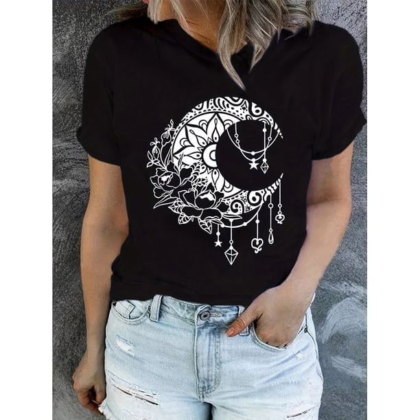 Women's Black Geometric Crescent Moon & Stars Print T-Shirt - Soft Stretchy Summer Casual Streetwear Top with Round Neck, Short Sleeve, Machine Washable