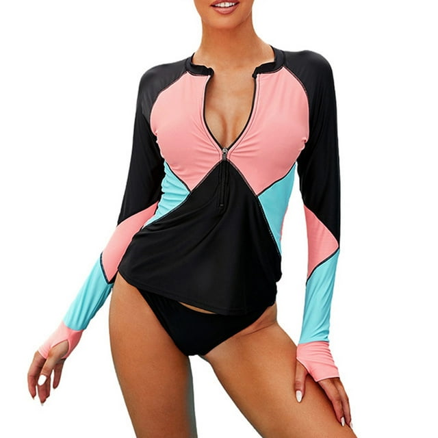 Women 2 Piece Rash Guard Long Sleeve Bathing Suit with Bottom Built in