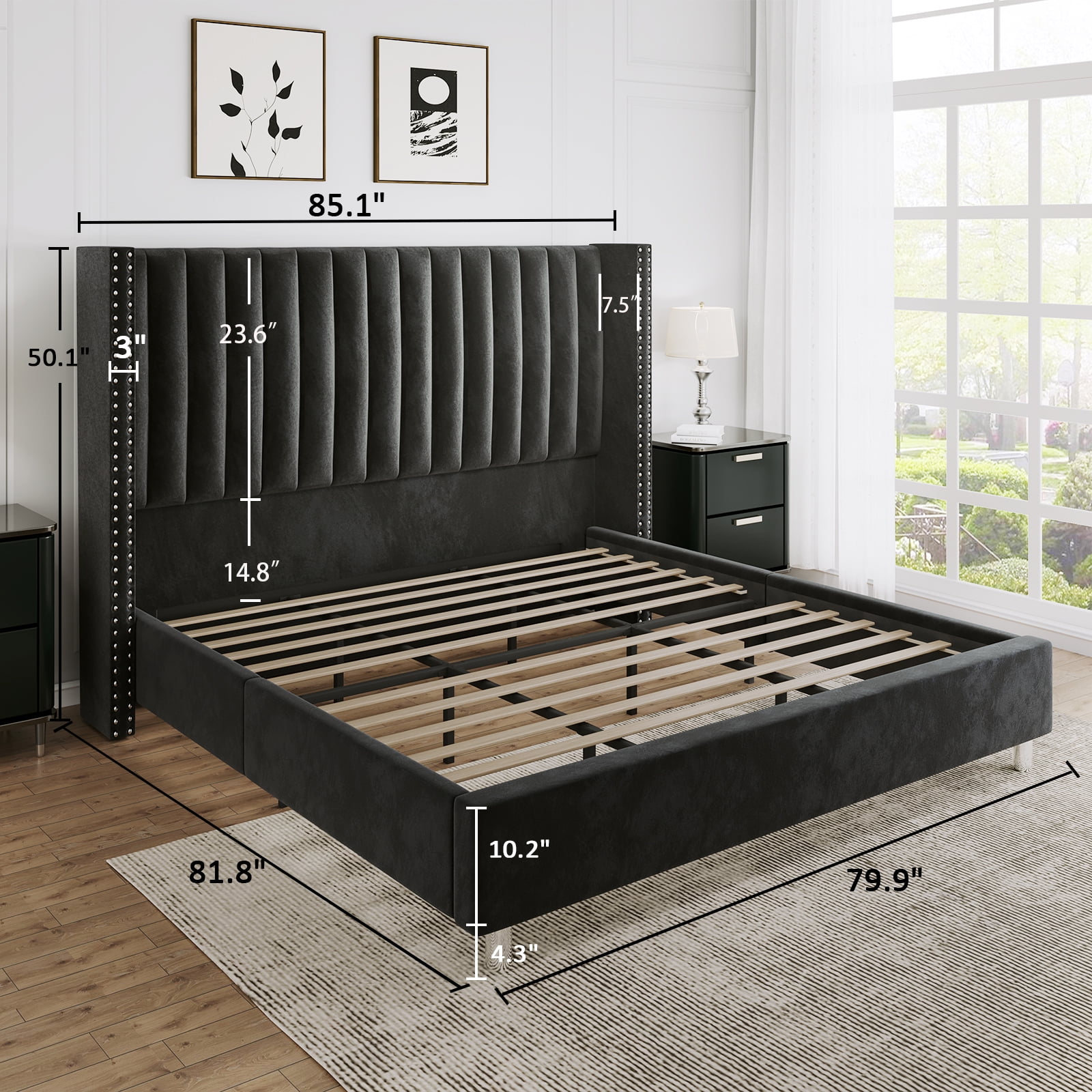 Merluxy Bed Frame King Size Upholstered Bed Wingback Headborad Velvet Channel Tufted/No Box Spring Needed/Black