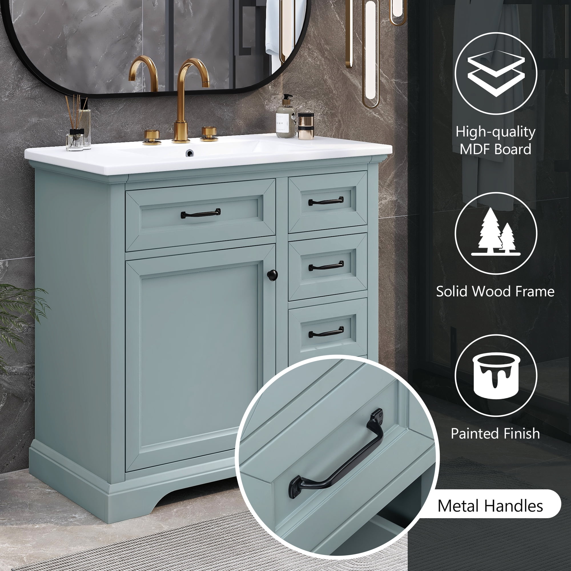Euroco 36" Bathroom Vanity with Sink, Ceramic Sink, 2 Tip-out Drawers, Soft Close Door Hinges
