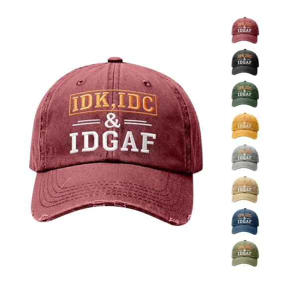 IDK IDC and IDGAF Hat, Funny Humorous Embroidered Distressed Baseball Cap, Adjustable Dad Hat for Men and Women, Vintage Red