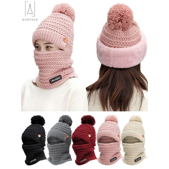Gustave Women Pom Beanie Hat Scarf One-Piece Winter Fleece Lined Knit Warm Skull Cap Balaclava Mask Set Conjoined Ski Snow Hat and Scarf Neck Warmer (Pink)