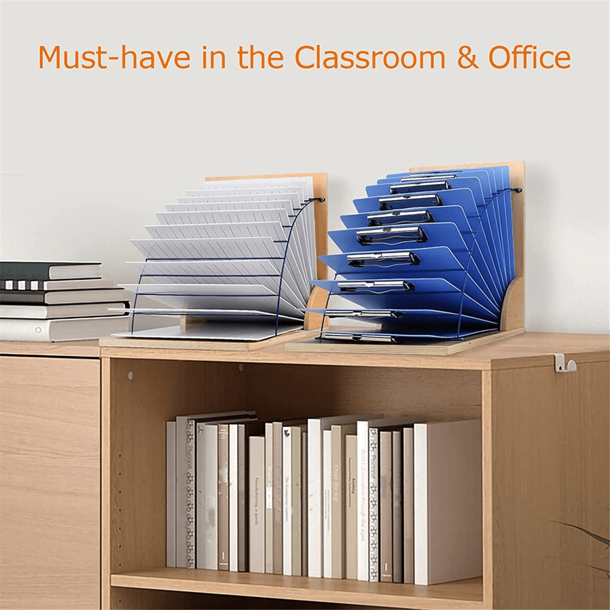 Clipboard Holder, Clipboard Storage Rack Wooden Clipboard Holder with Sturdy Metal Shelf Organizer for Classroom Office