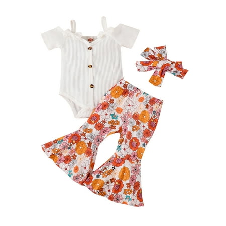 

IZhansean Newborn Baby Girl Summer Outfits Off Shoulder Ribbed Romper Floral Print Bell Bottoms Headband 3Pcs Clothes White 3-6 Months