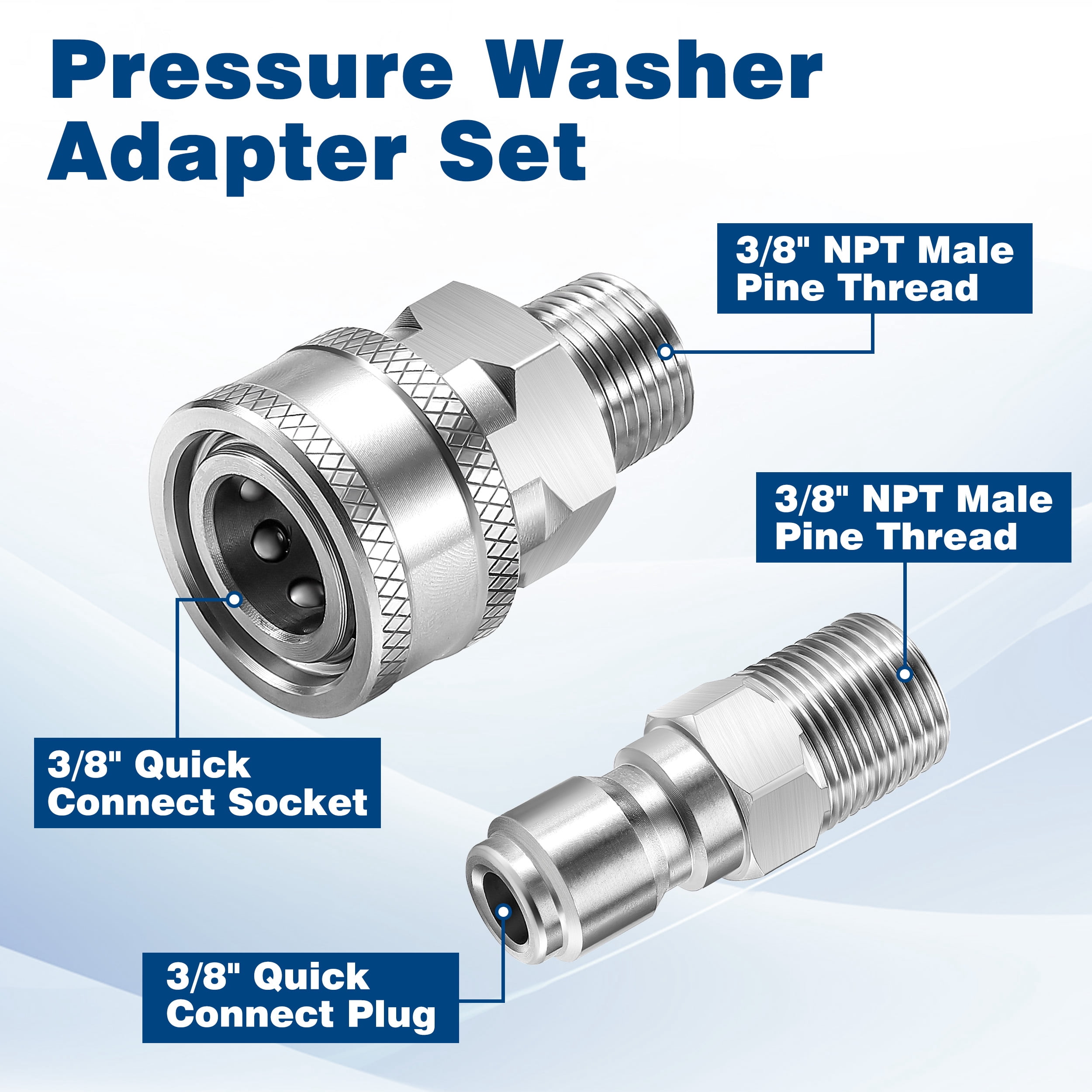 3/8 Inch NPT Pressure Washer Couplers, 12-Piece Stainless Steel External Thread Quick Connector Kit - 3/8" NPT Male Thread Quick Connect Hose Fittings, 5000 PSI