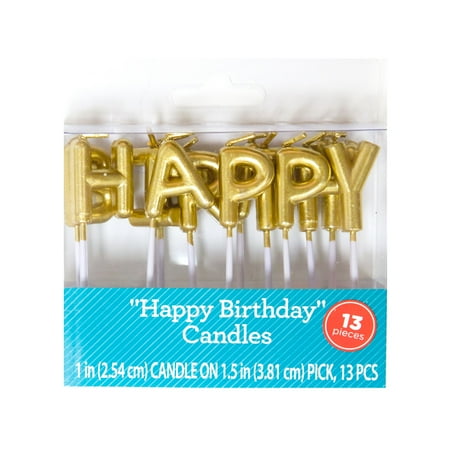WAY TO CELEBRATE! Happy Birthday Letter Gold Candles, (2.5") 13 Pieces