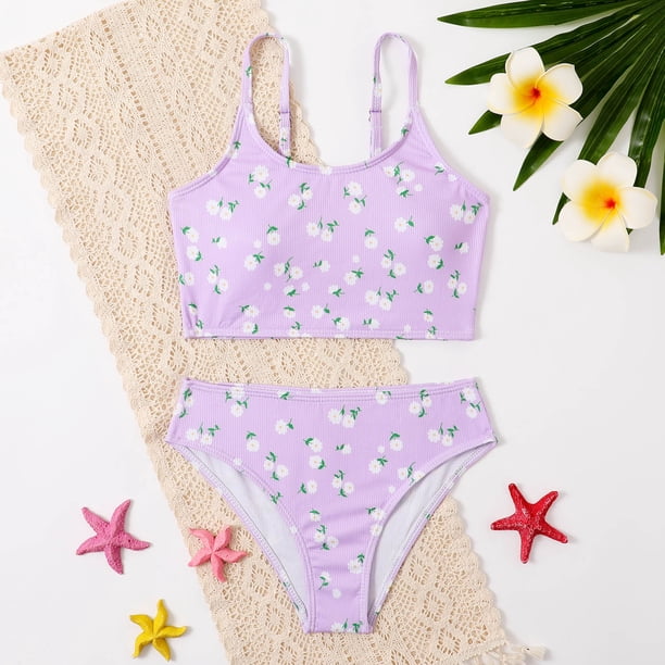 Augper Toddler Kids Baby Girls Fashion Cute Flower Print Solid Color Swimming Trunks Seaside Swimsuit Set