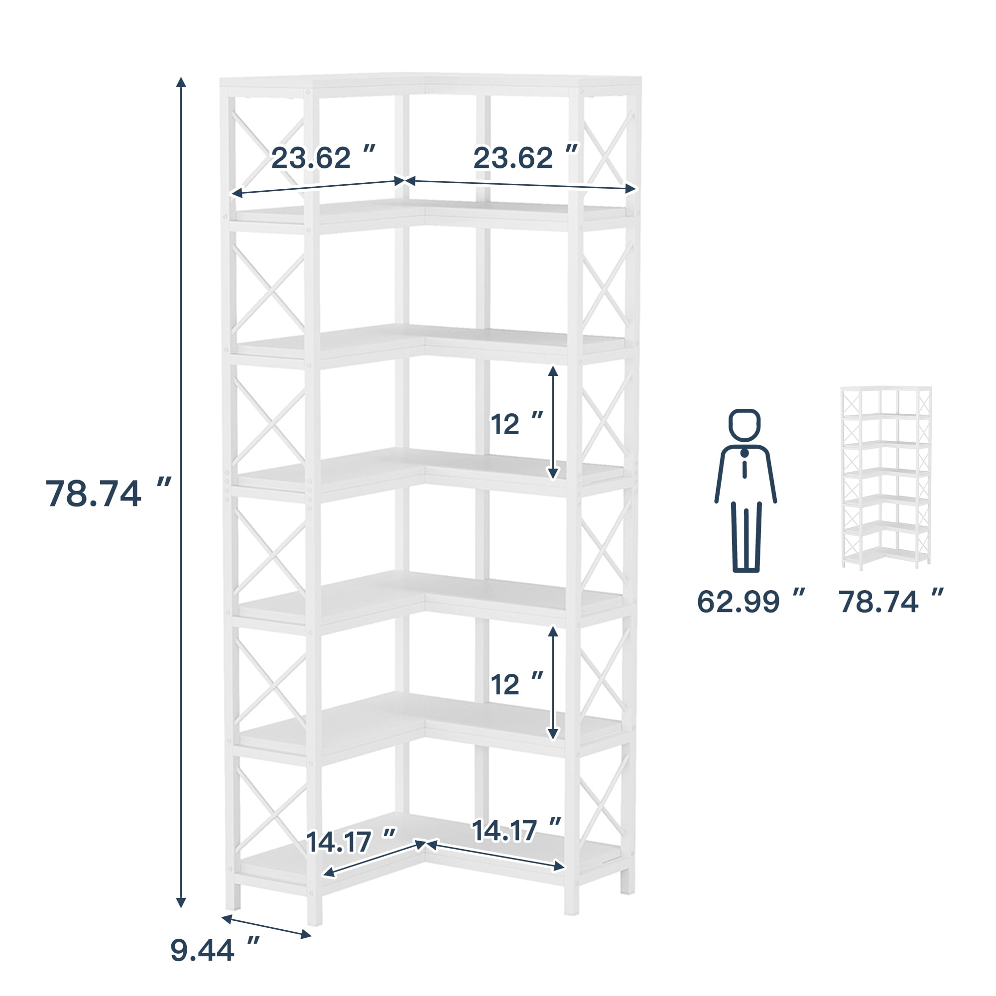 Demi Bonn 7 Tier Corner Bookshelf, Bookshelves, Open Etagere Bookcase Shelf Storage Organizer, Storage Shelving Unit for Bedroom, Living Room and Home Office, White