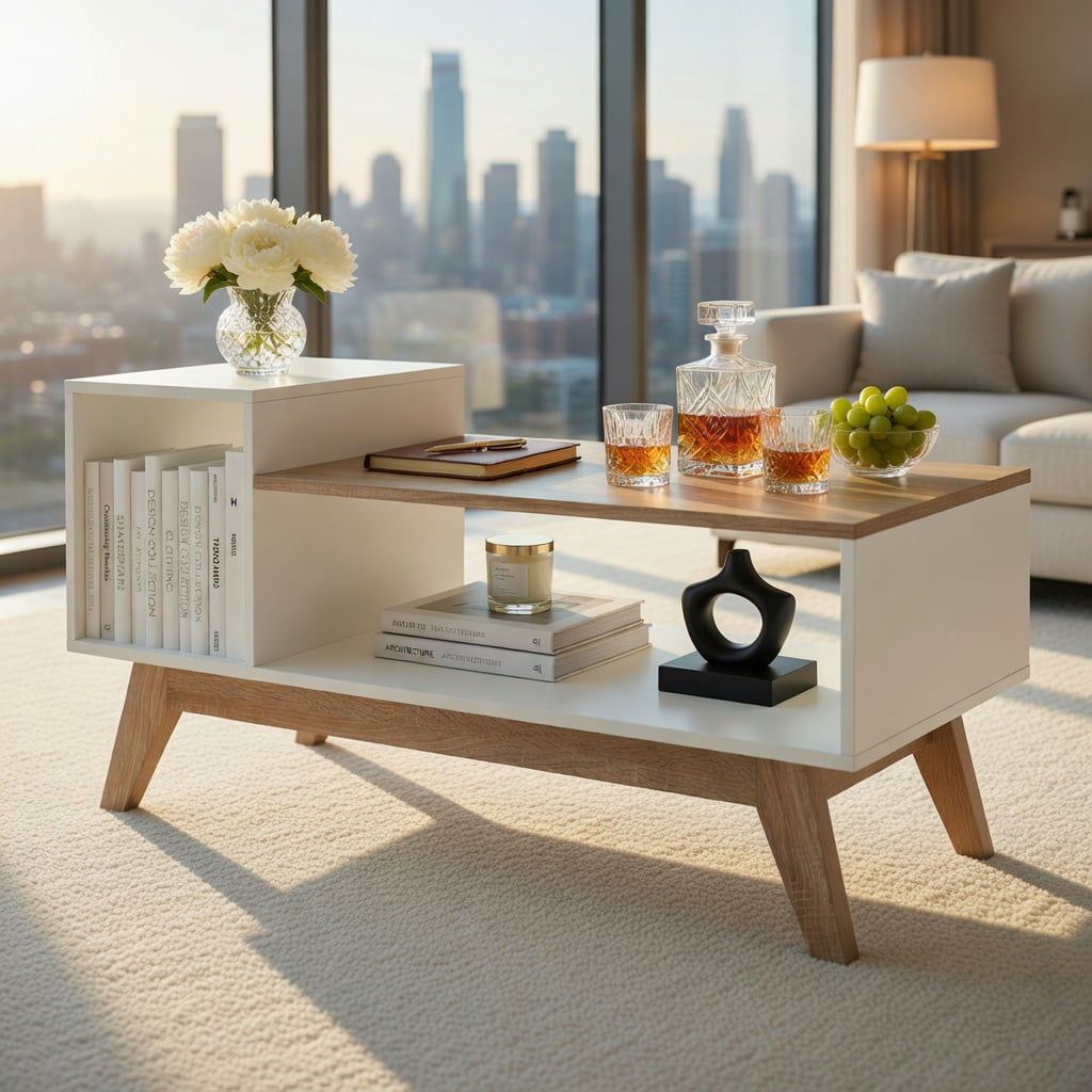 GVN 43 Inch Coffee Table with Stepped Tabletop Design, Storage Compartments for Living Room, Lounge, Family Room Center Furniture Piece, White