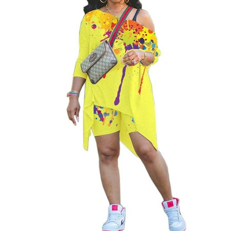 

Capreze Women Ink Splash Print Pajamas Loungewear Slit Jogger Set Running Two Piece Outfit High Low Hem Lounge Sets Yellow M