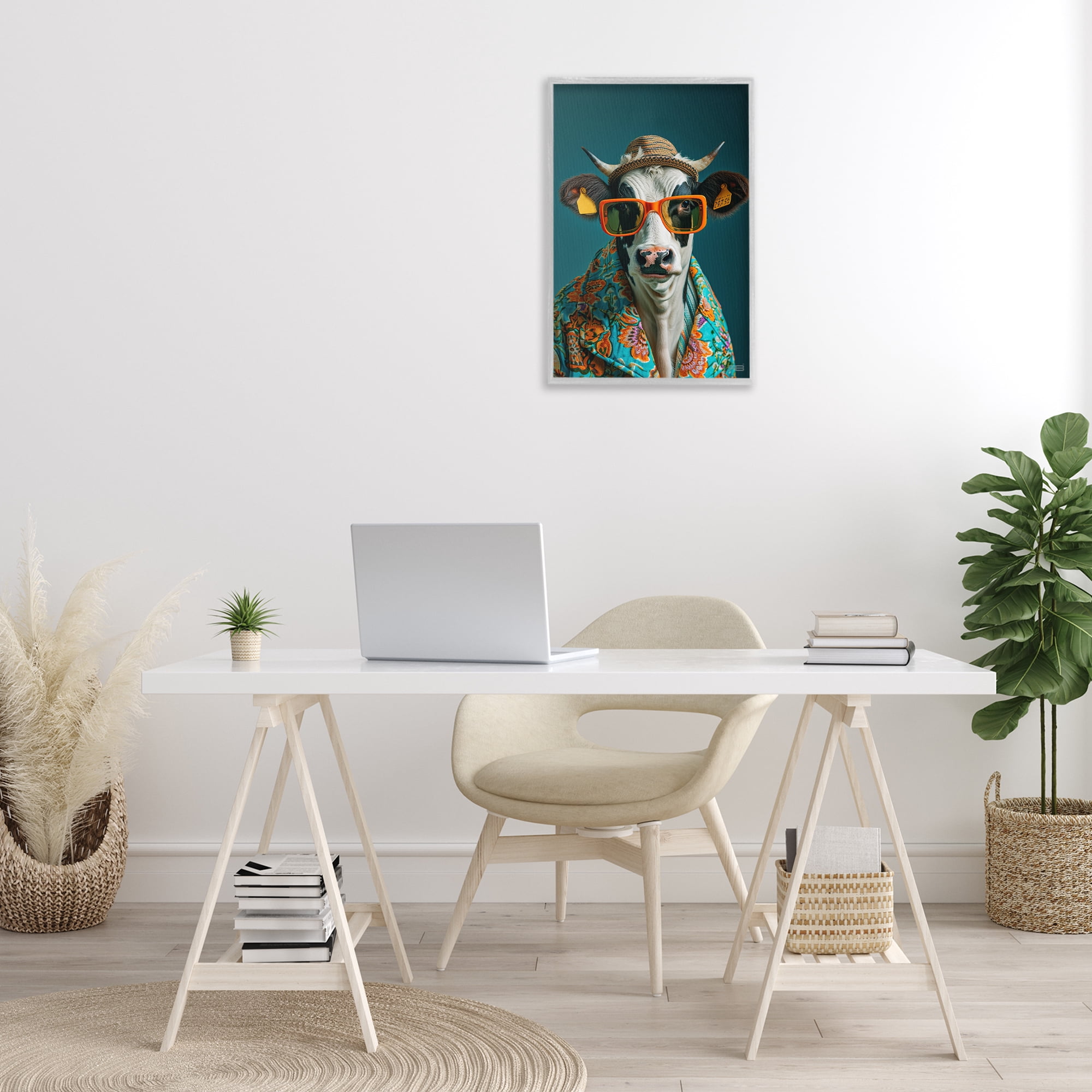Stupell Industries Cool Trendy Cow Animals & Insects Painting Gray Framed Art Print Wall Art, 16 x 24
