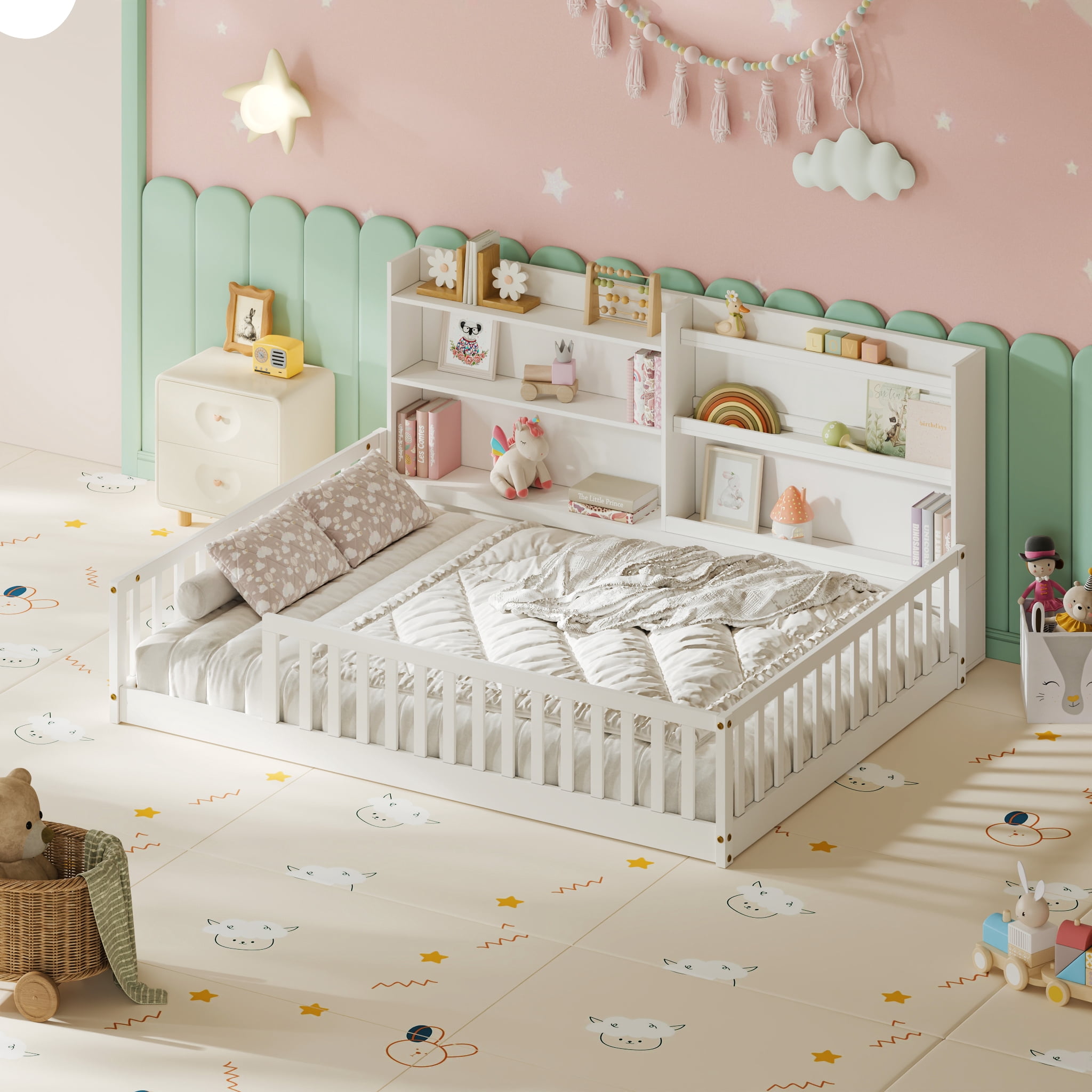 Garitin Full Floor Bed and Montessori Kids Bed 77.2 Inch, Solid Pine Wood Frame with Bookshelf and Safety Rails for Children Bedroom, White
