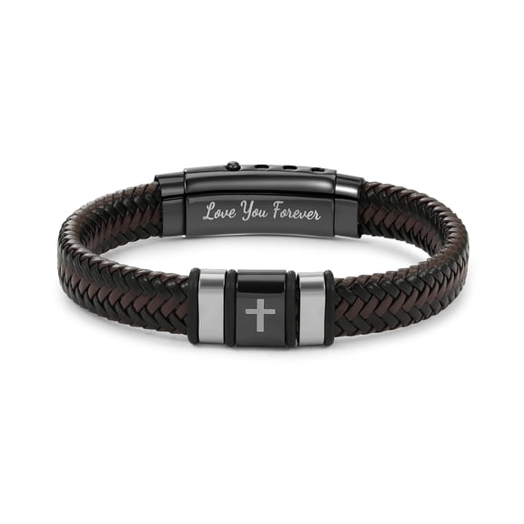 VEEDOFA Men's Triple Braided Leather Bracelet, Engraved "Love You Forever" Stainless Steel Clasp, Romantic Gift for Him