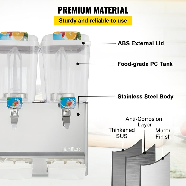 VEVOR 110V Commercial Beverage Dispenser,9.5 Gallon 36L 2 Tanks Juice  Dispenser Commercial,18 Liter Per Tank 300W Stainless Steel Food Grade  Material Ice Tea Drink Dispenser Equipped with Thermostat Controller