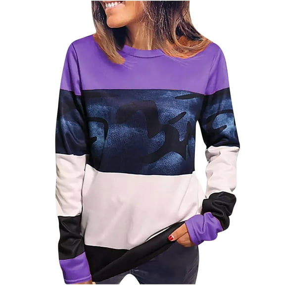 XPMWRP Women's Vintage Colorblock Sweatshirt Crewneck Long Sleeve Casual Loose Pullover Fall Winter Oversized Sweatshirt Purple L