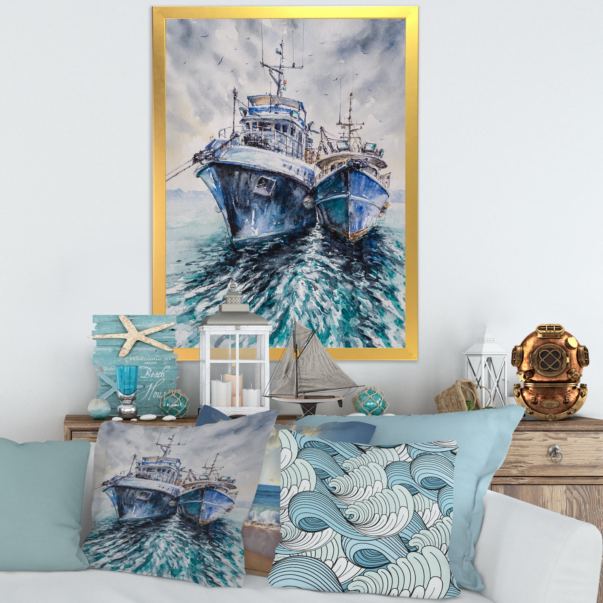 Designart 'Blue Fishing Boats Before A Storm Anchored' Nautical & Coastal Framed Art Print