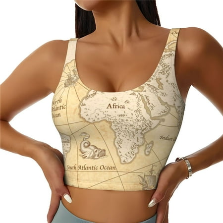 Xecao World Map for Sports Bra with Removable Pads  Crop Tank Top Design  Women s Longline Sports Bra - Non-Wired - Small