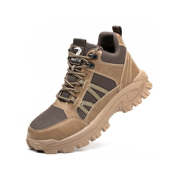 Woobling Unisex Safety Shoe Lace Up Work Shoes High Top Protection Boot Anti-collision Booties Men Slip Resistant Steel Toe Boots Brown 9