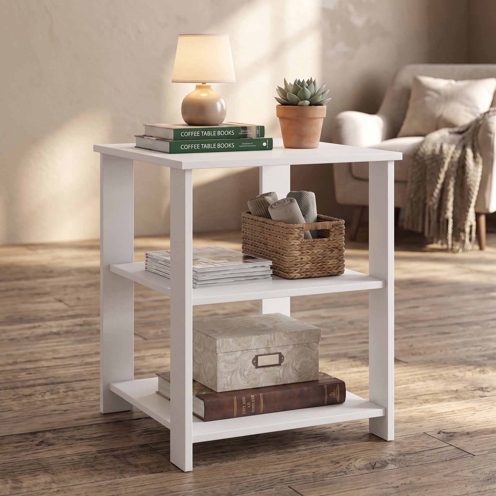 Furnibear 3-Tier Nightstand Square Side Table with Open Storage Shelves, Modern Bedside End Table Sofa Side Table for Bedroom Living Room Small Spaces, White