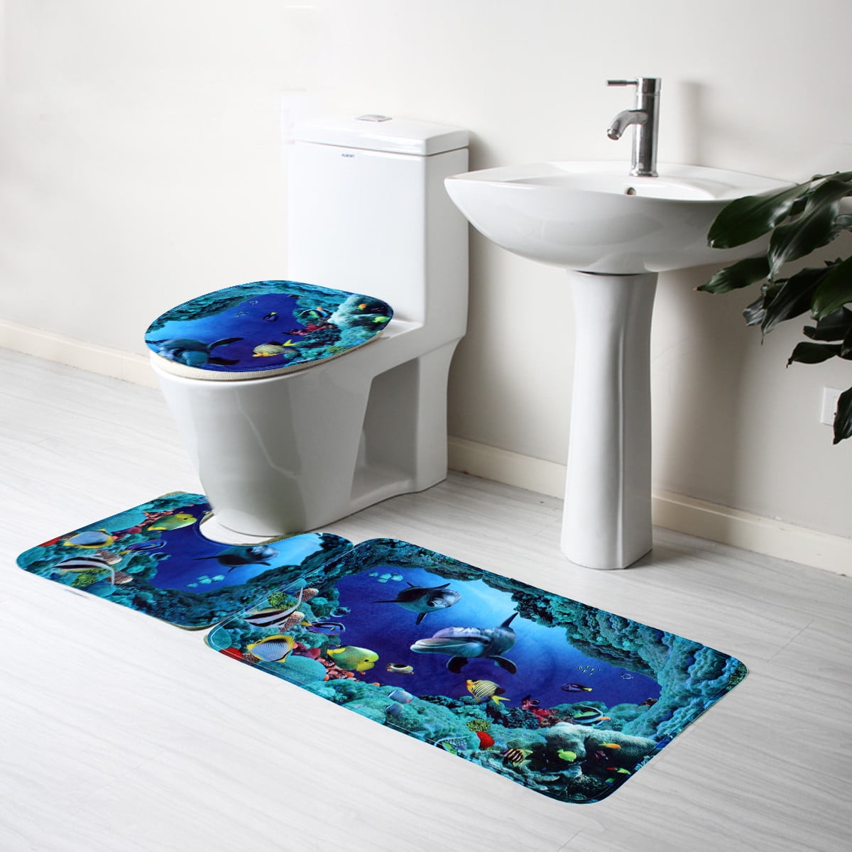 3PCS Sea Ocean Beach Bathroom Rugs Non-Slip Carpet Toilet Lid Cover Bath Mat Set 