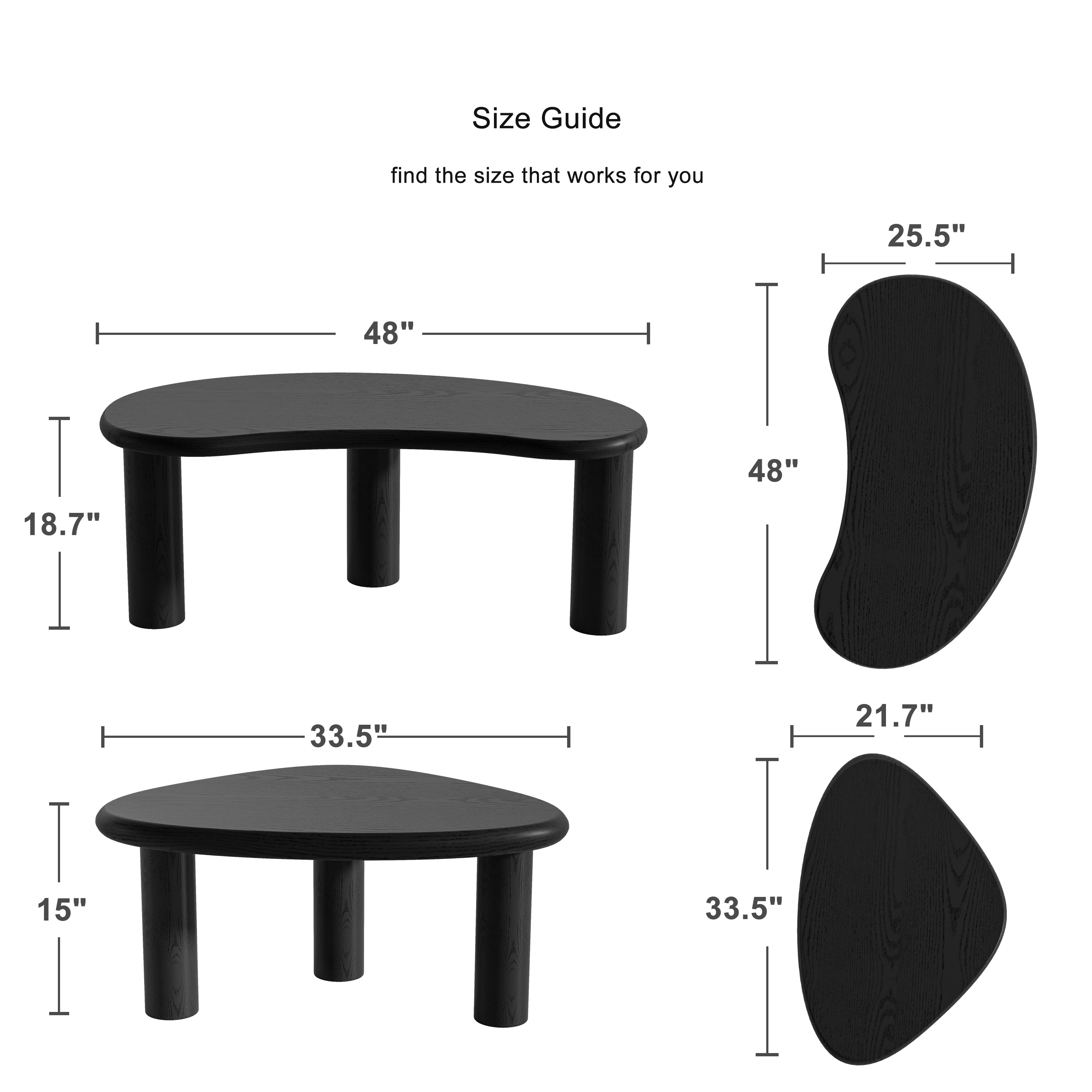 MAYEERTY 48" Cashew - Shaped Coffee Table Set, Modern Solid Wood Irregular Side Table for Living Room, Black