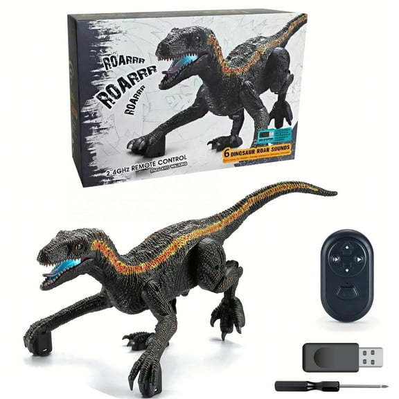 KOPPOP Remote Control Raptor, 2.4GHz Wireless Walking Dinosaur Toy with LED Eyes & Realistic Roaring Sound, Electric Dinosaur Robot Gift for Boys Girls Ages 3