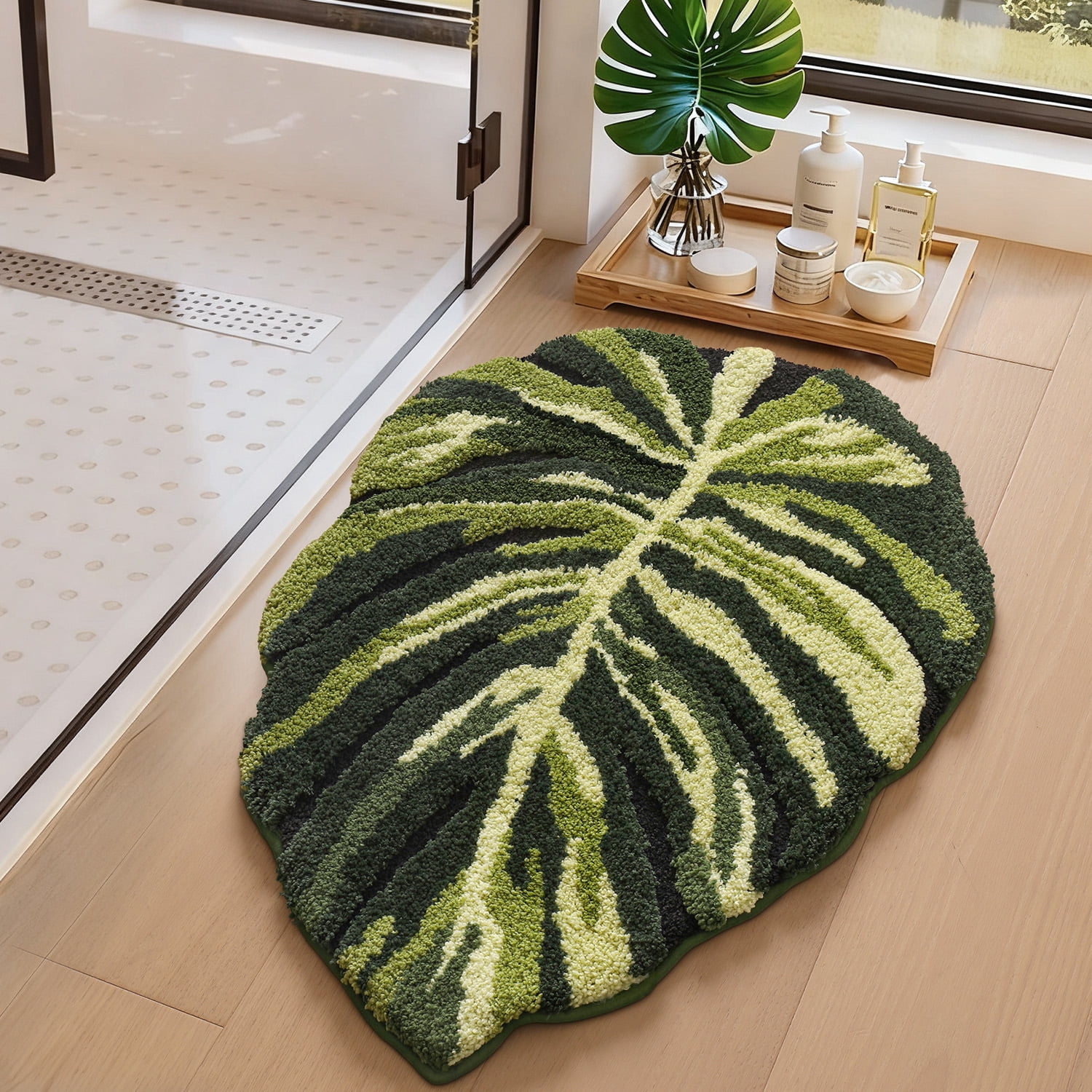 FRABE Cute Bathroom Rugs with Green Dark Monstera Leaf Plant, Soft Fluffy Plush, Absorbent Non Slip Bath Mat, Machine Washable,for Shower Floor,home, Bedroom, 24"x32"