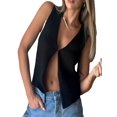 thumbnail image 4 of Womens Vintage Knittd Tank Y2k Vest Crop Top Sleeveless V-Neck Open Front Button Crochet Knit Vests Black S, 4 of 7