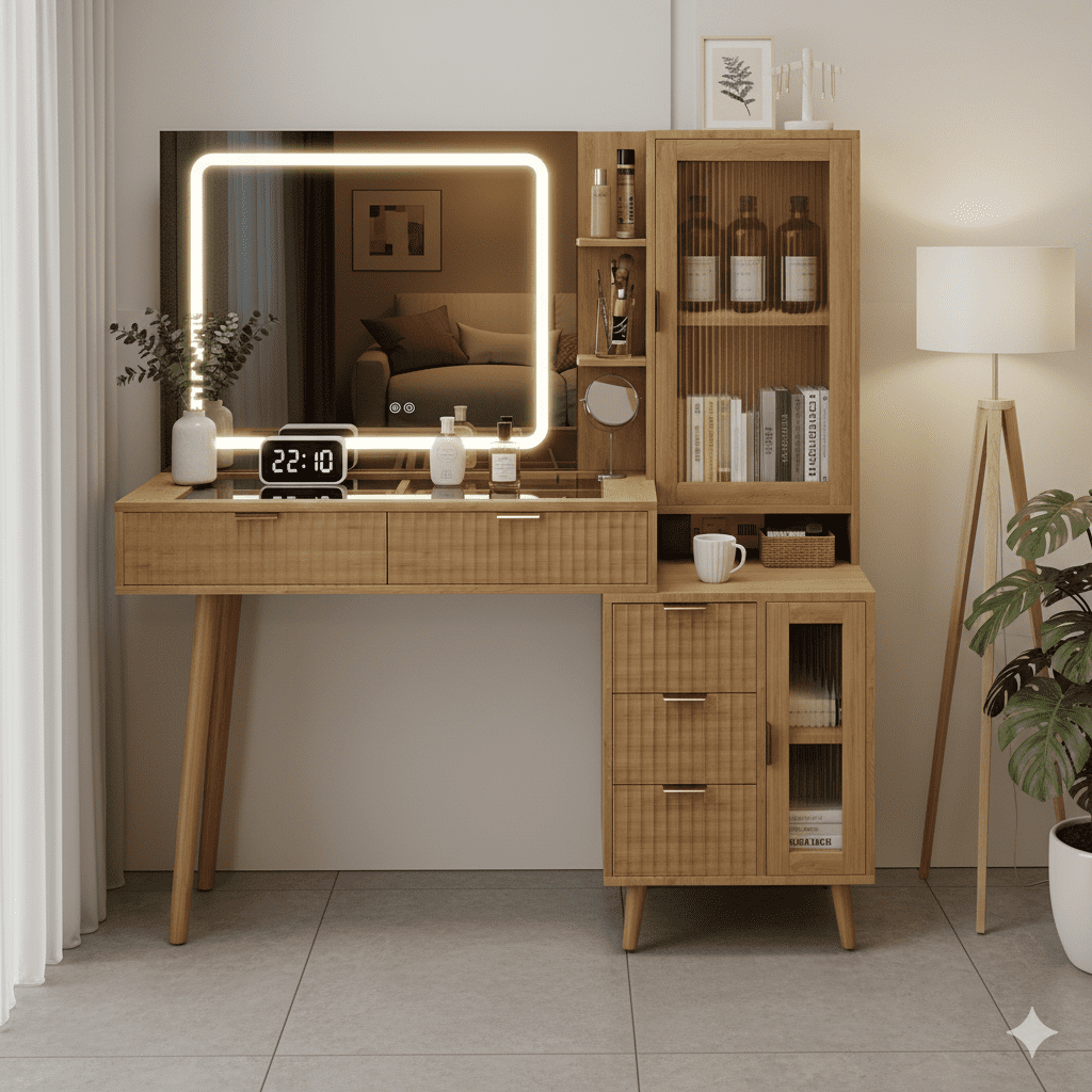 Wooden Vanity Desk with Mirror and Lights, 49" Boho Fluted Makeup Vanity Table with Modern Glass Top, Charging Station, 5 Drawers, 2 Cabinet with Adjustable Shelves, Salon Station, Natural Oak