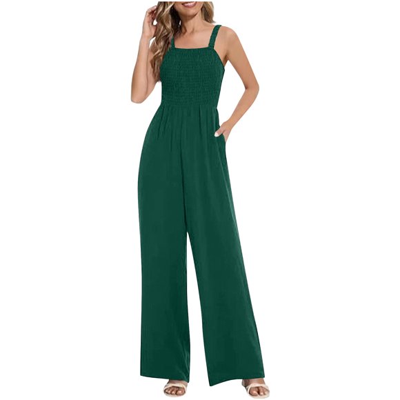 Haivin Women's Summer Casual Smocked Jumpsuit with Square Neck, Sleeveless Wide Leg Workwear for Office and Daily Wear