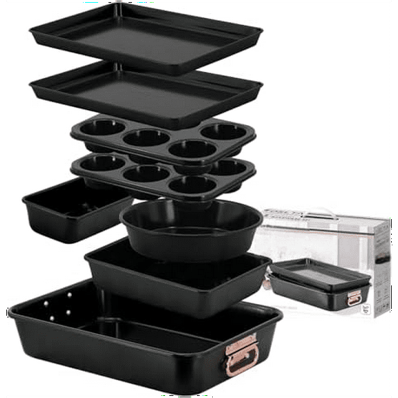 Nonstick Ceramic Bakeware Set – 8 Piece Baking Pans Set, Oven Safe to 450°F, Includes Muffin Pans, Cookie Sheets, Loaf, Roaster, Round & Square Pans, BPA-Free