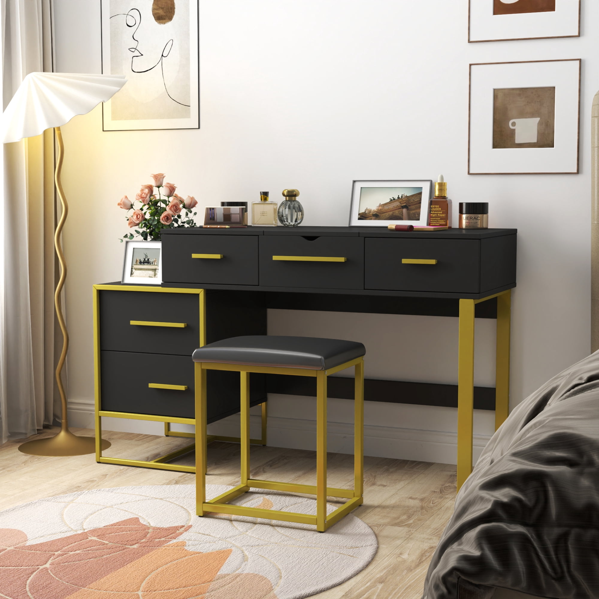 Makeup Vanity Set with Mirror , Dresser Table with Nightstand , with 4 Drawers