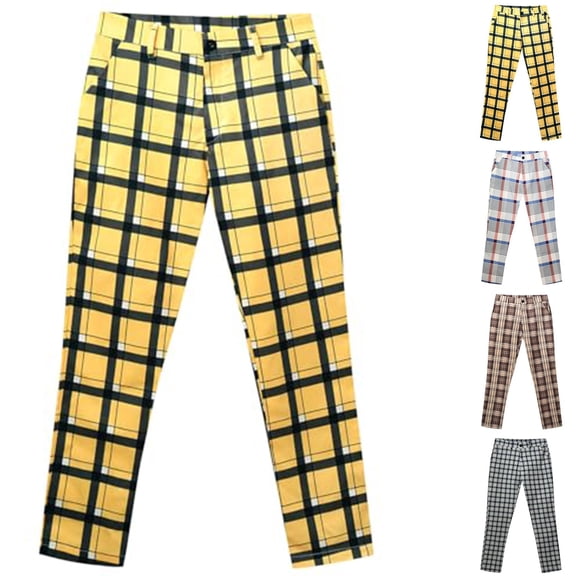 Mens Casual Fashion Multi-color Digital Print Plaid Suit Pants - Stylish Design for Winter Business Casual, Social Events and Christmas Parties,Brown,L